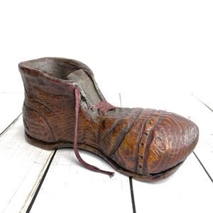 Vintage Folk Art Detailed Hand Carved Wooden Shoe Lace Leather Quirky Rustic 8"